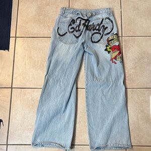 Ed Hardy Light Blue Flare Jeans with Tattoo Art